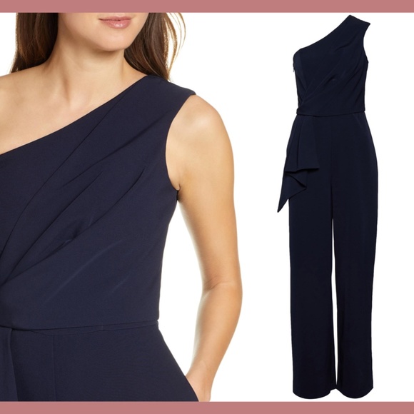 NEW $148 Eliza J One-Shoulder Laguna Crepe Jumpsuit in Navy Blue [SZ 2‎ ] - Picture 2 of 14